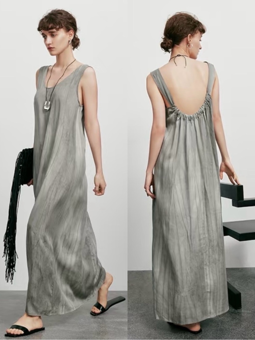 GJ-HJ Gray Tie-Dye Minimalist Maxi Open Back Sleeveless Flowy Slip Dress S